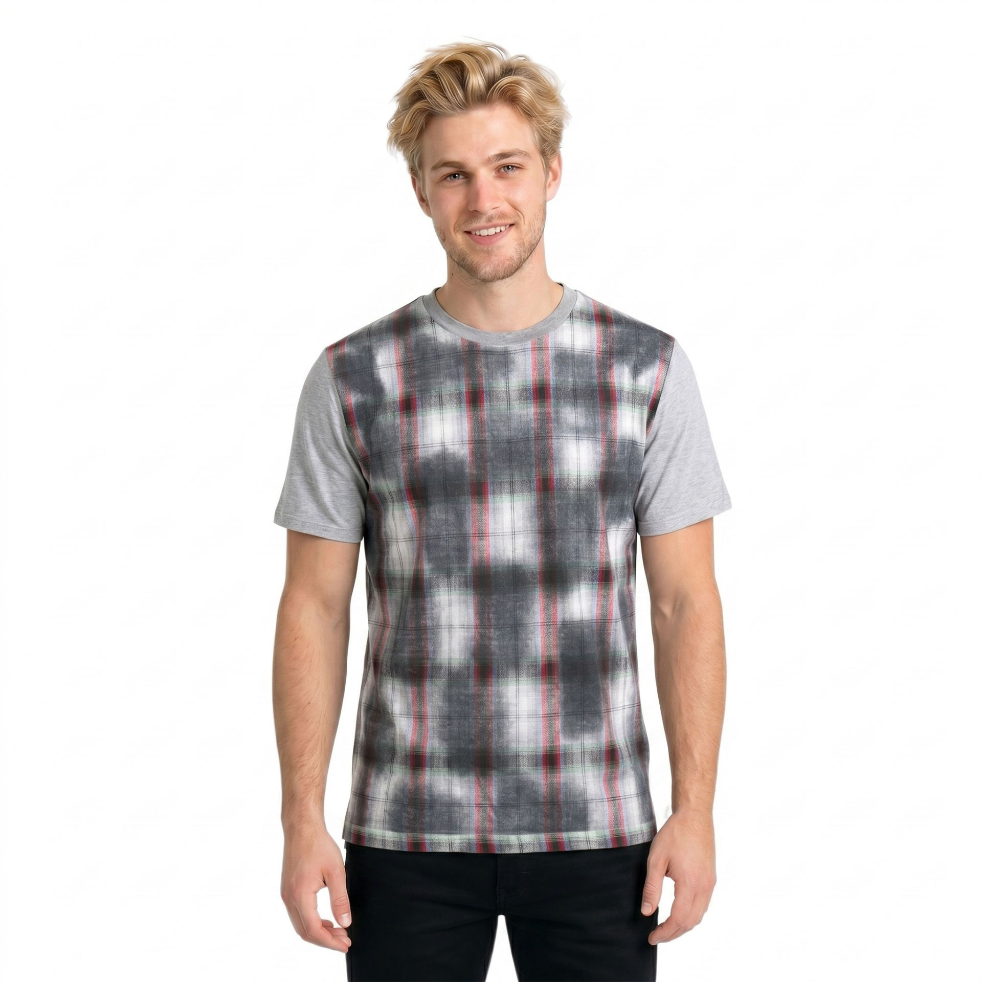 Erkek Gri Ekose Detaylı Keçi Yünü T-Shirt