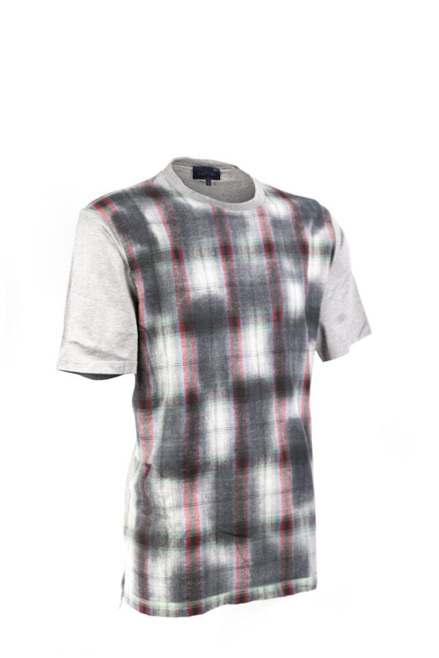 Erkek Gri Ekose Detaylı Keçi Yünü T-Shirt
