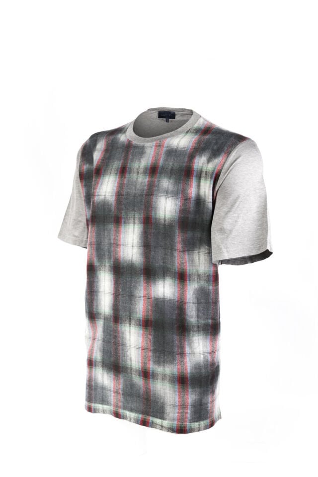 Erkek Gri Ekose Detaylı Keçi Yünü T-Shirt