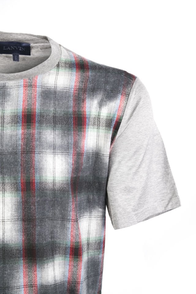 Erkek Gri Ekose Detaylı Keçi Yünü T-Shirt