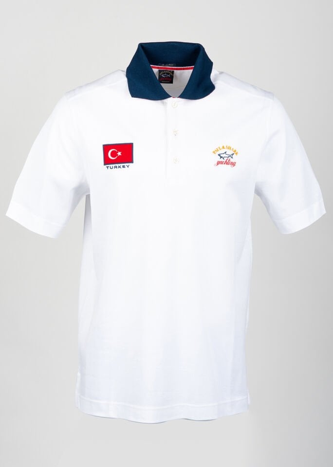 Erkek Beyaz Lacivert Yakalı Polo Yaka T-Shirt