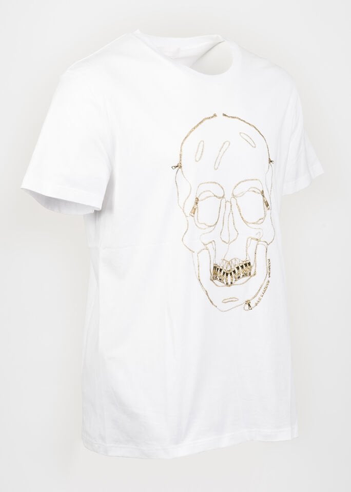 Erkek Beyaz Zincir Kuru Kafa Baskılı T-Shirt