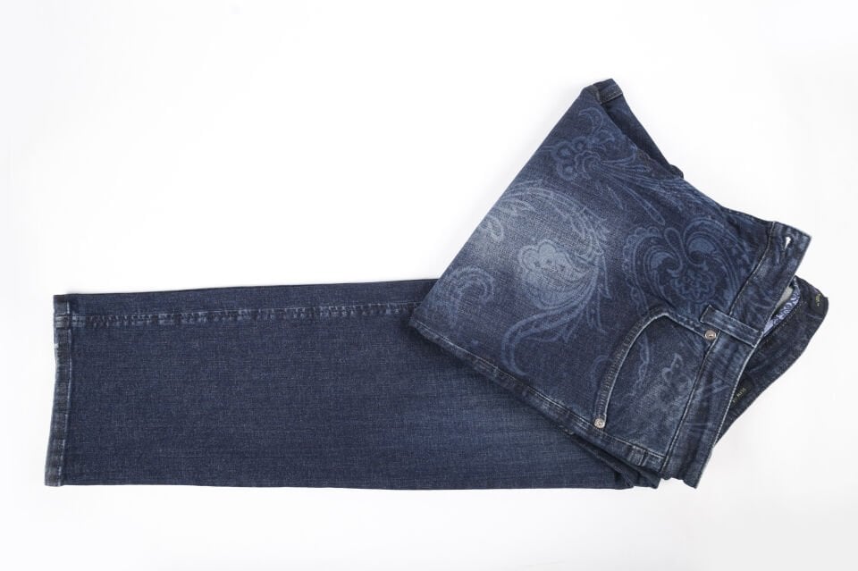 Erkek Lacivert Şal Baskı Yıkamalı Slim Jean Pantolon