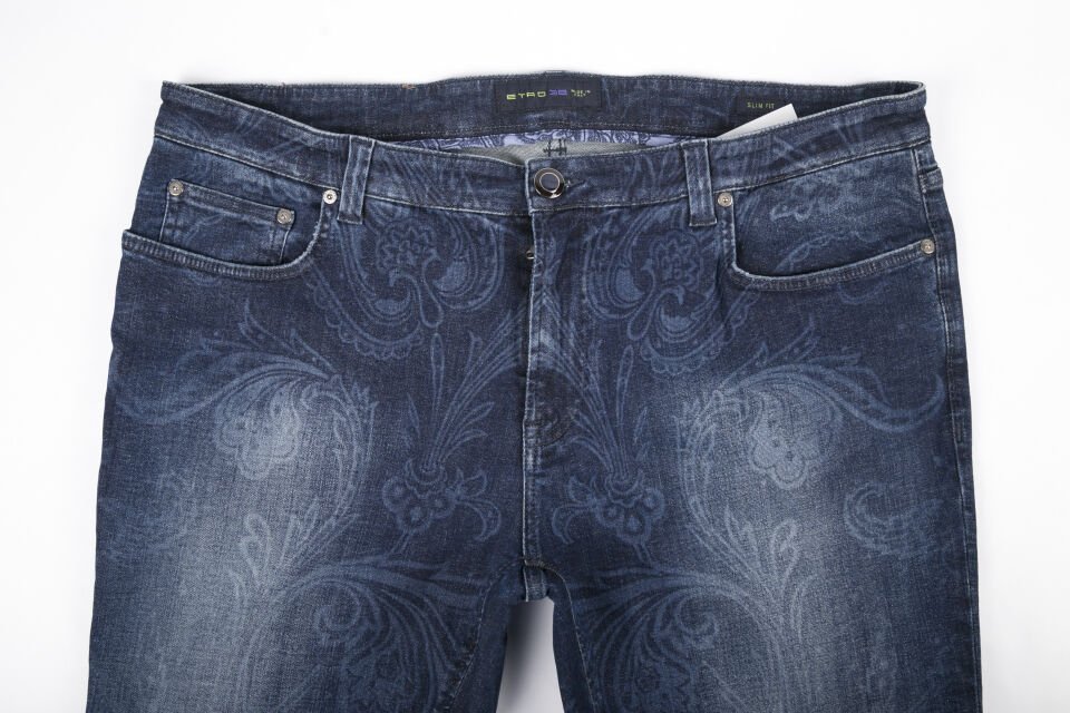 Erkek Lacivert Şal Baskı Yıkamalı Slim Jean Pantolon