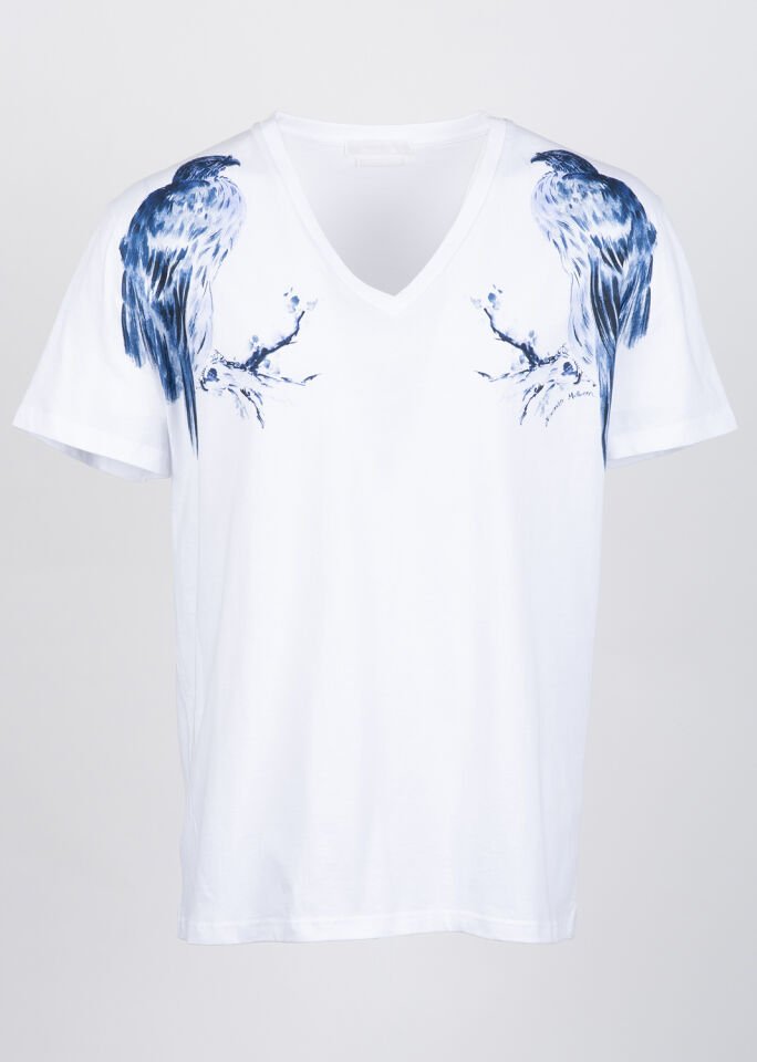 Erkek Beyaz Mavi Tüy Desenli T-Shirt
