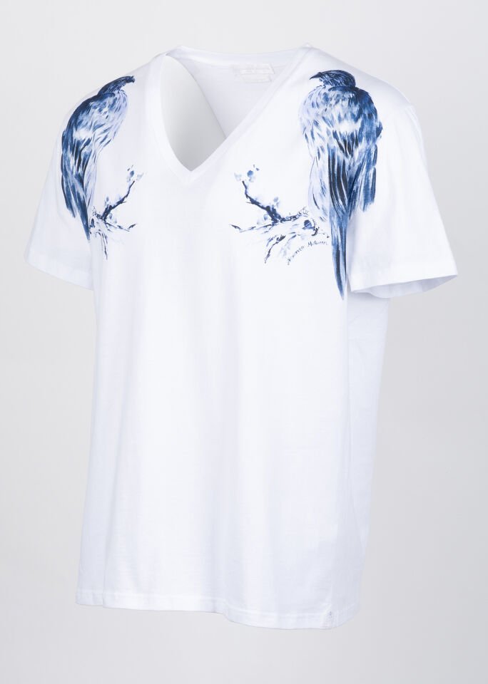 Erkek Beyaz Mavi Tüy Desenli T-Shirt