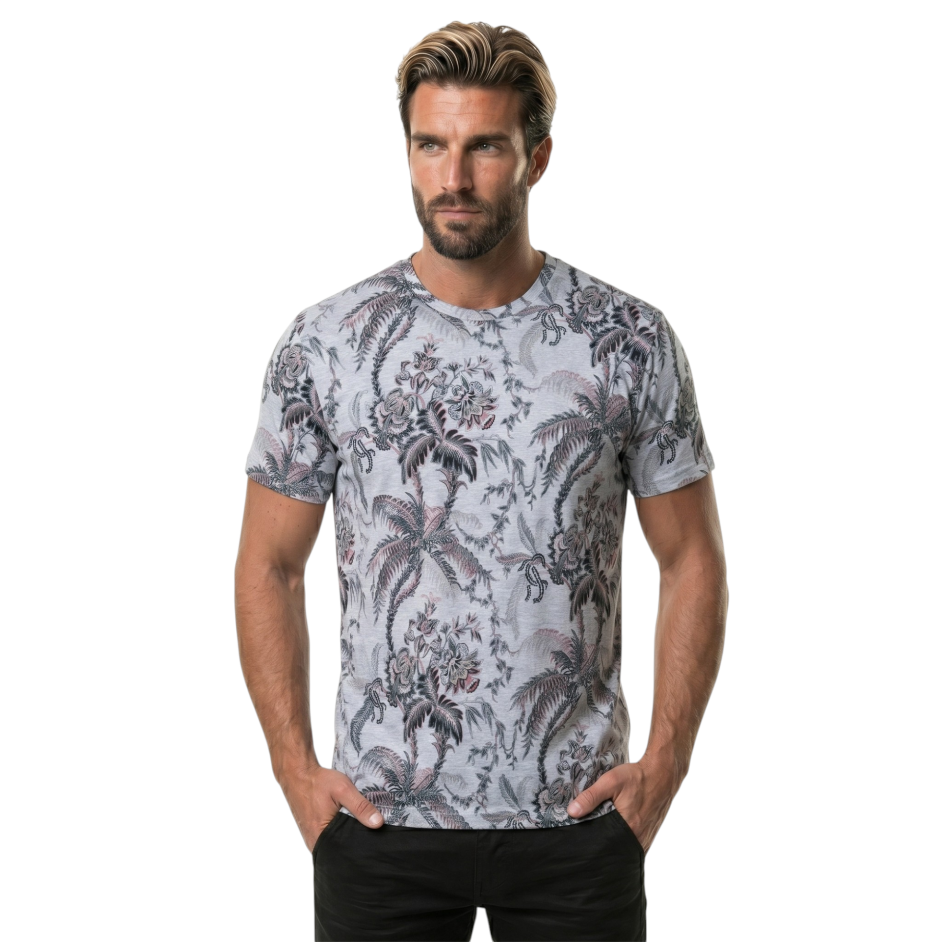 Erkek Gri Yaprak Desenli T-Shirt