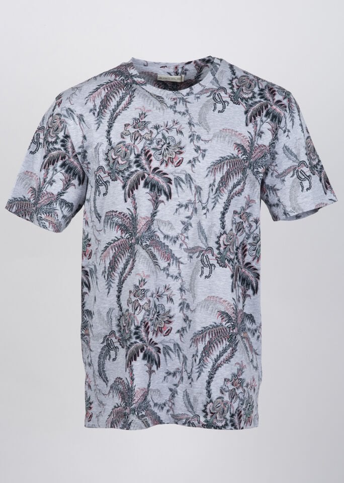 Erkek Gri Yaprak Desenli T-Shirt