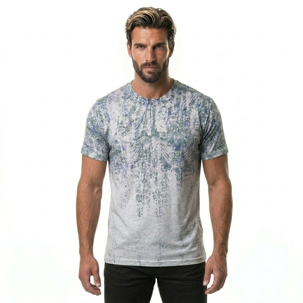 Erkek Gri Şal Desenli Eskitme T-Shirt