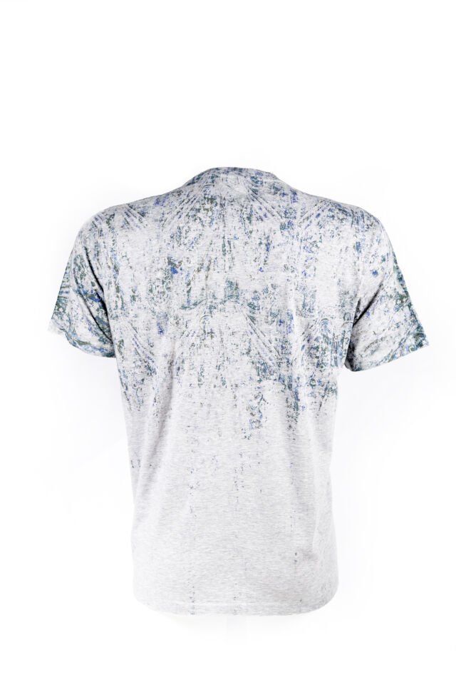 Erkek Gri Şal Desenli Eskitme T-Shirt