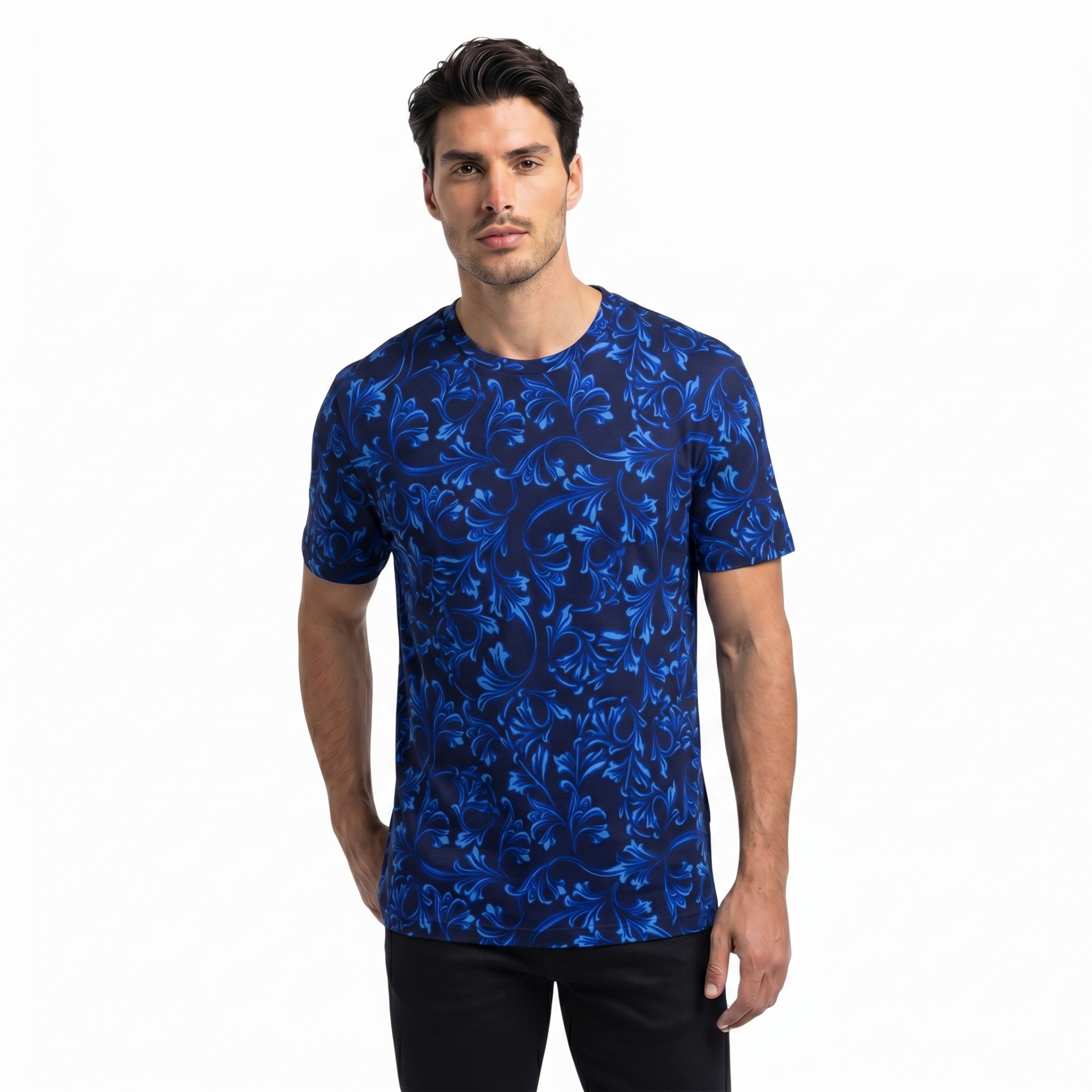 Erkek Siyah Mavi Barok Desenli T-Shirt