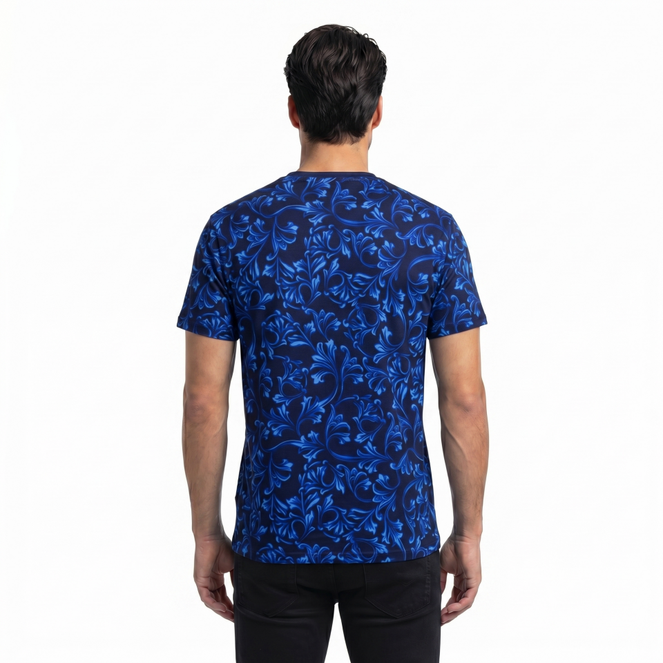Erkek Siyah Mavi Barok Desenli T-Shirt