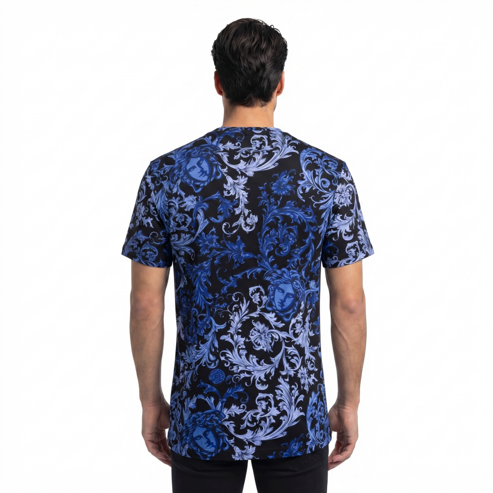 Erkek Siyah Mor Barok Desenli T-Shirt